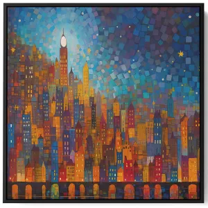 Square Canvas Wall Art Stretched Over Wooden Frame with Black Floating Frame and Night On The City Painting