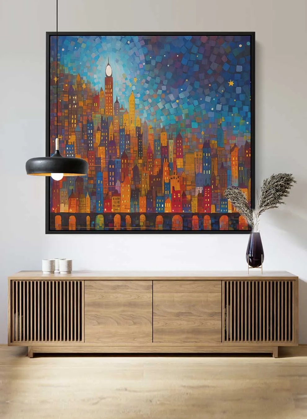 Square Canvas Wall Art Stretched Over Wooden Frame with Black Floating Frame and Night On The City Painting