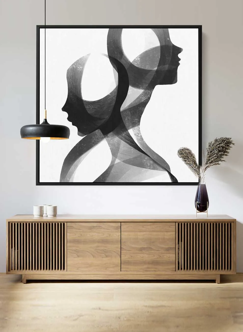 Square Canvas Wall Art Stretched Over Wooden Frame with Black Floating Frame and Portrait Of A Couple Of People Painting