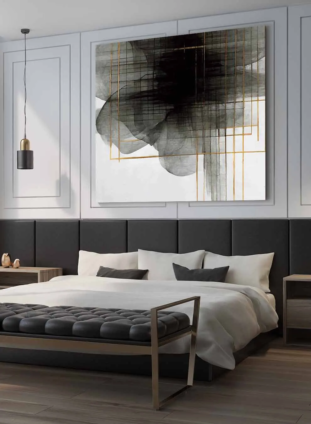 Square Canvas Wall Art Stretched Over Wooden Frame with Black Floating Frame and Sea Wave Abstract Painting
