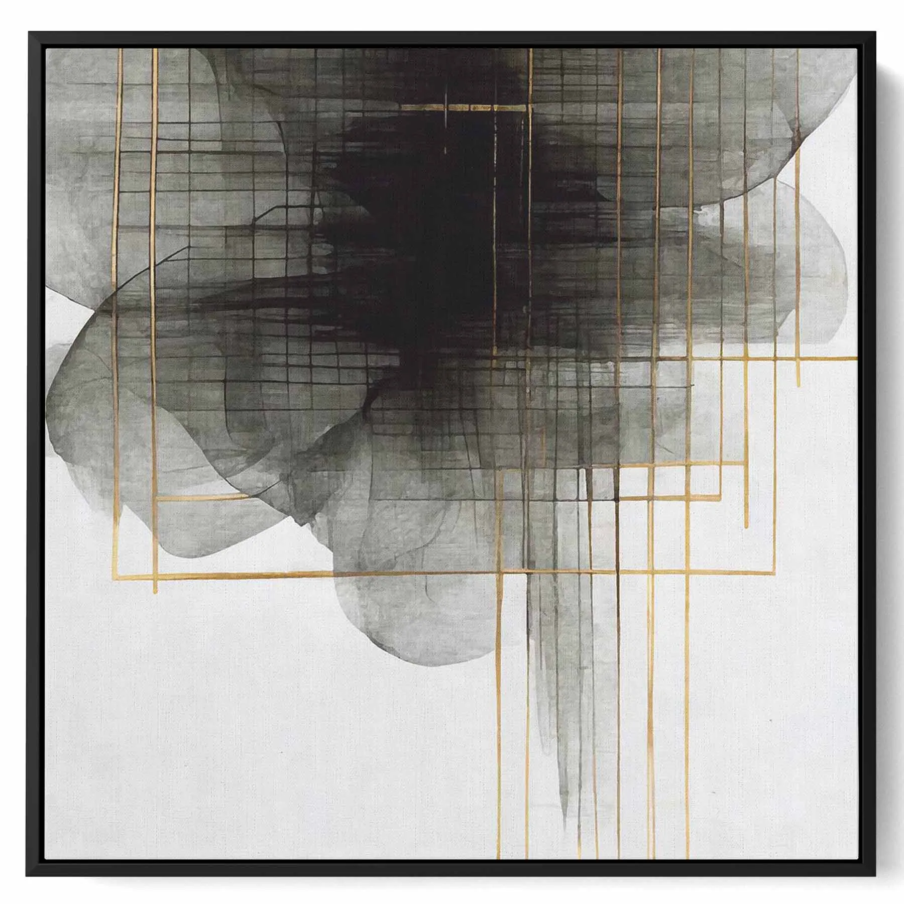 Square Canvas Wall Art Stretched Over Wooden Frame with Black Floating Frame and Sea Wave Abstract Painting