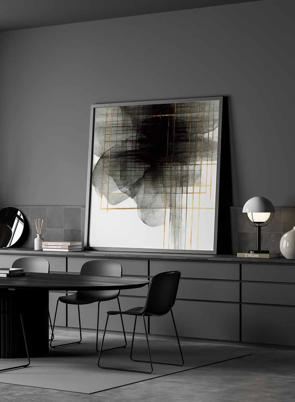 Square Canvas Wall Art Stretched Over Wooden Frame with Black Floating Frame and Sea Wave Abstract Painting