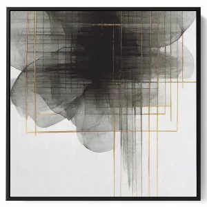 Square Canvas Wall Art Stretched Over Wooden Frame with Black Floating Frame and Sea Wave Abstract Painting