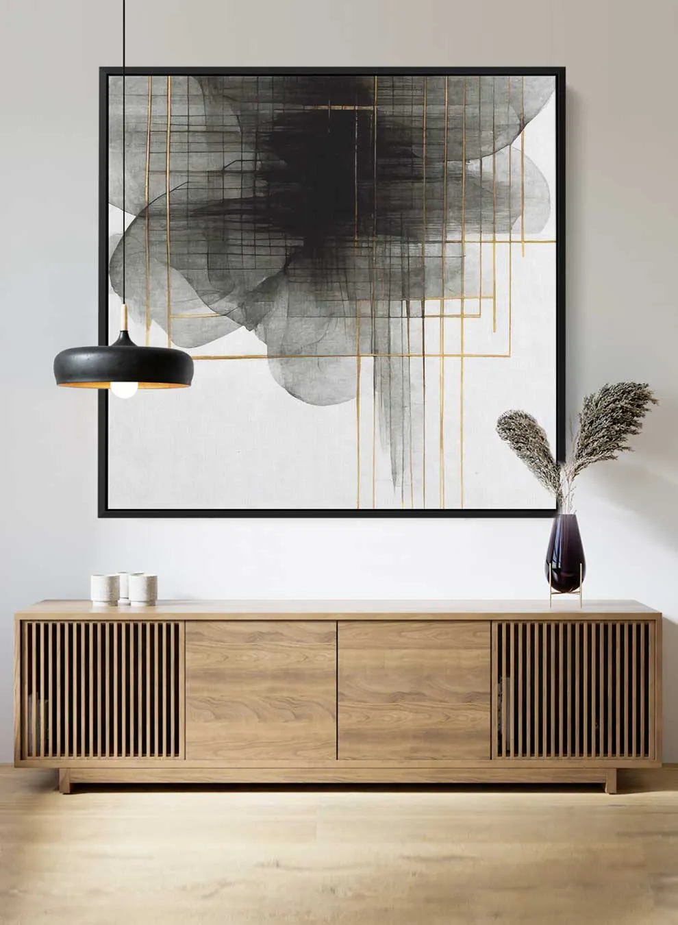 Square Canvas Wall Art Stretched Over Wooden Frame with Black Floating Frame and Sea Wave Abstract Painting