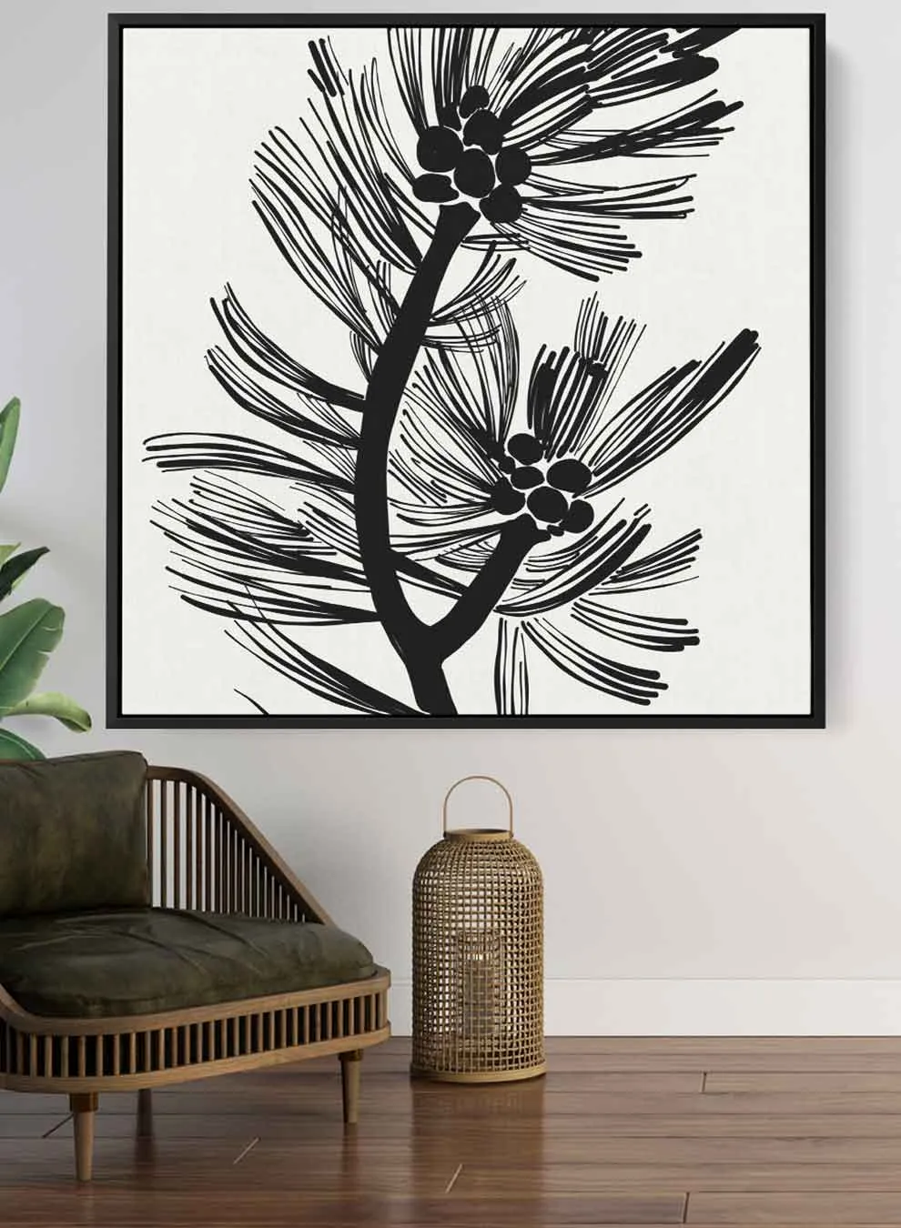 Square Canvas Wall Art Stretched Over Wooden Frame with Black Floating Frame and Trendy Botanical Art Abstract Painting
