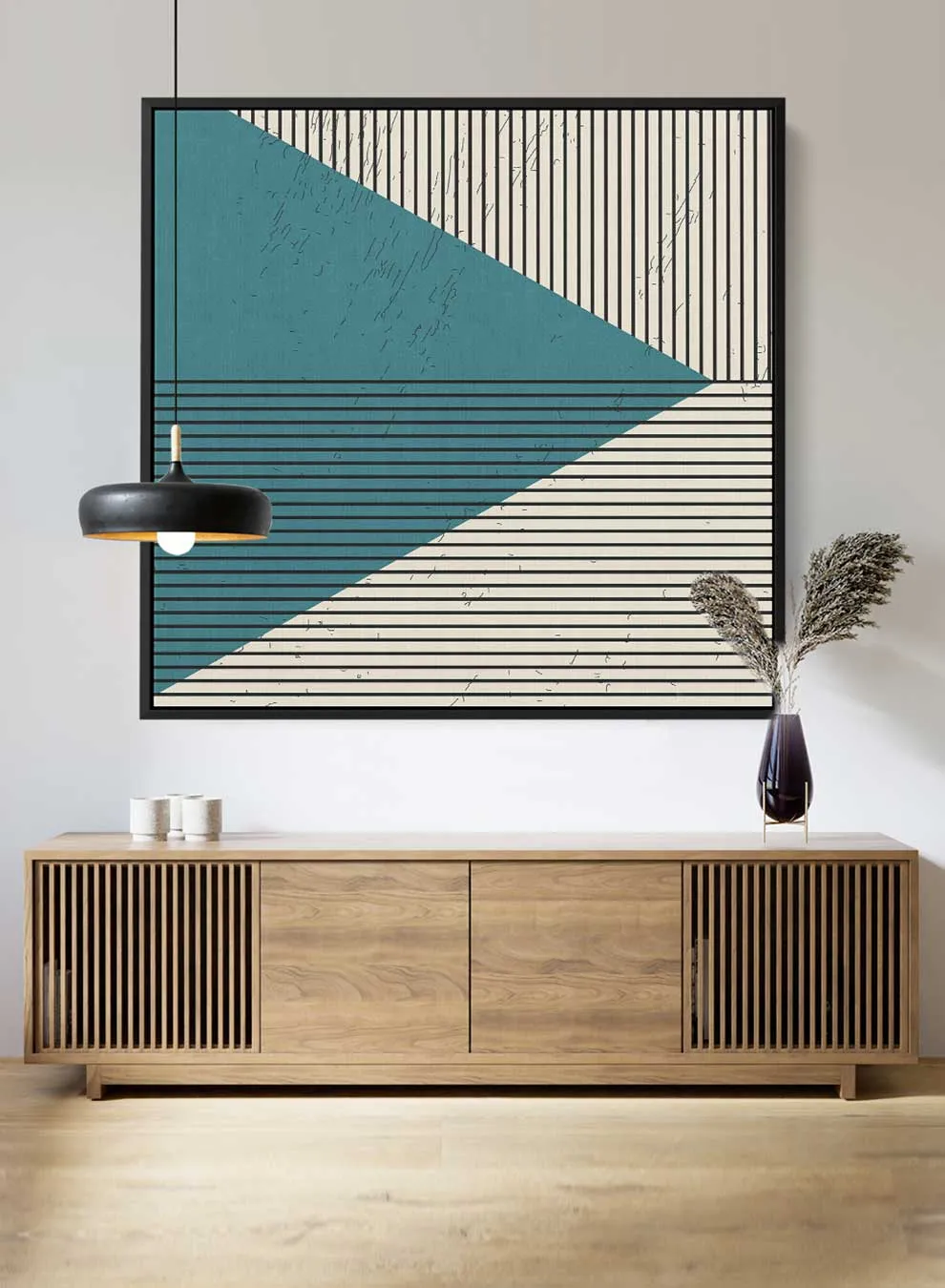 Square Canvas Wall Art Stretched Over Wooden Frame with Black Floating Frame and Triangle With Lines Painting