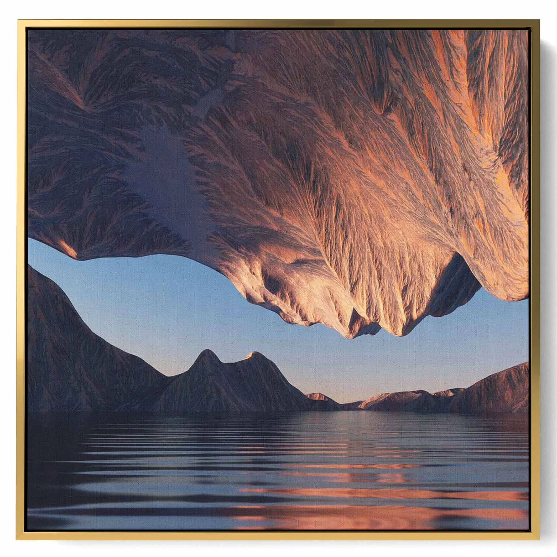 Square Canvas Wall Art Stretched Over Wooden Frame with Brown Floating Frame and Beautiful Opened Flower Painting