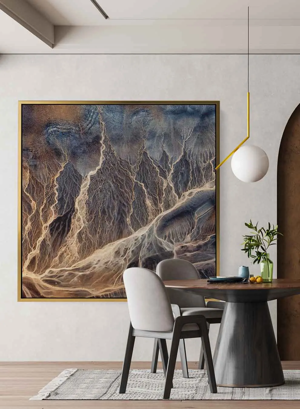 Square Canvas Wall Art Stretched Over Wooden Frame with Gold Floating Frame and Elegant Abstract Painting