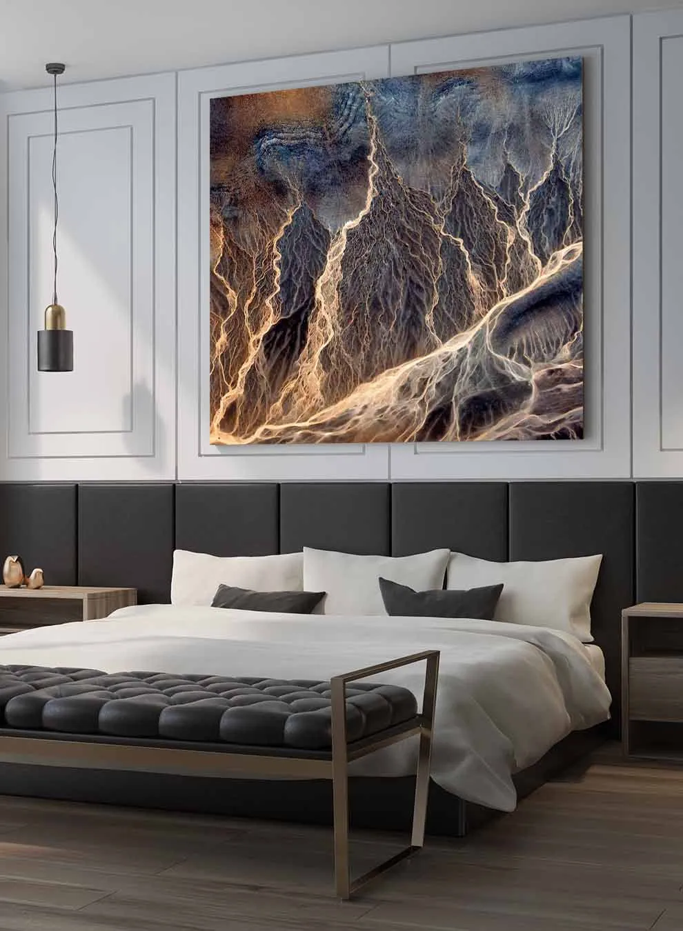 Square Canvas Wall Art Stretched Over Wooden Frame with Gold Floating Frame and Elegant Abstract Painting