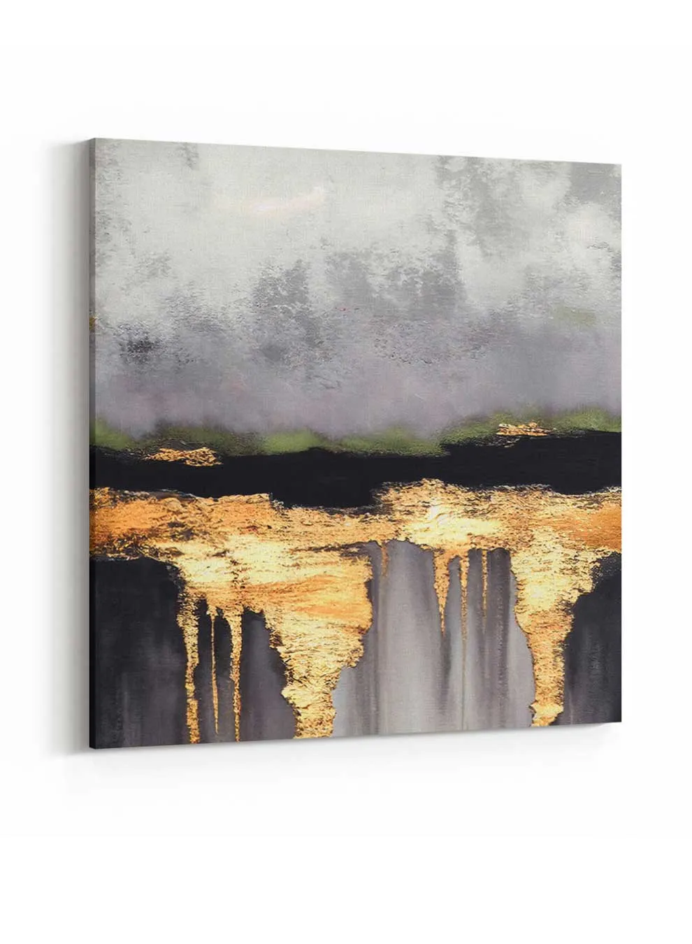 Square Canvas Wall Art Stretched Over Wooden Frame with Gold Floating Frame and Flying Butterflies Abstract Painting