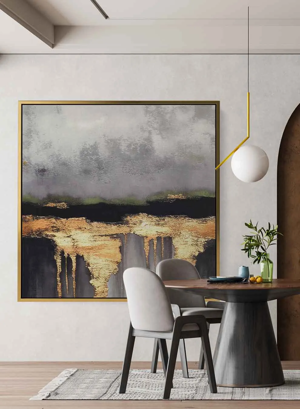 Square Canvas Wall Art Stretched Over Wooden Frame with Gold Floating Frame and Flying Butterflies Abstract Painting