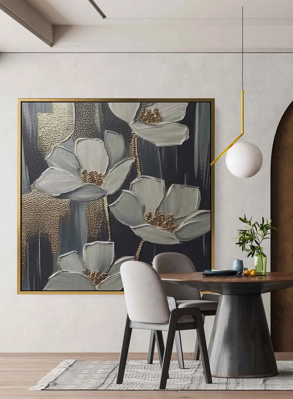 Square Canvas Wall Art Stretched Over Wooden Frame with Gold Floating Frame and Luxury Flowers Art Painting