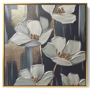 Square Canvas Wall Art Stretched Over Wooden Frame with Gold Floating Frame and Luxury Flowers Art Painting