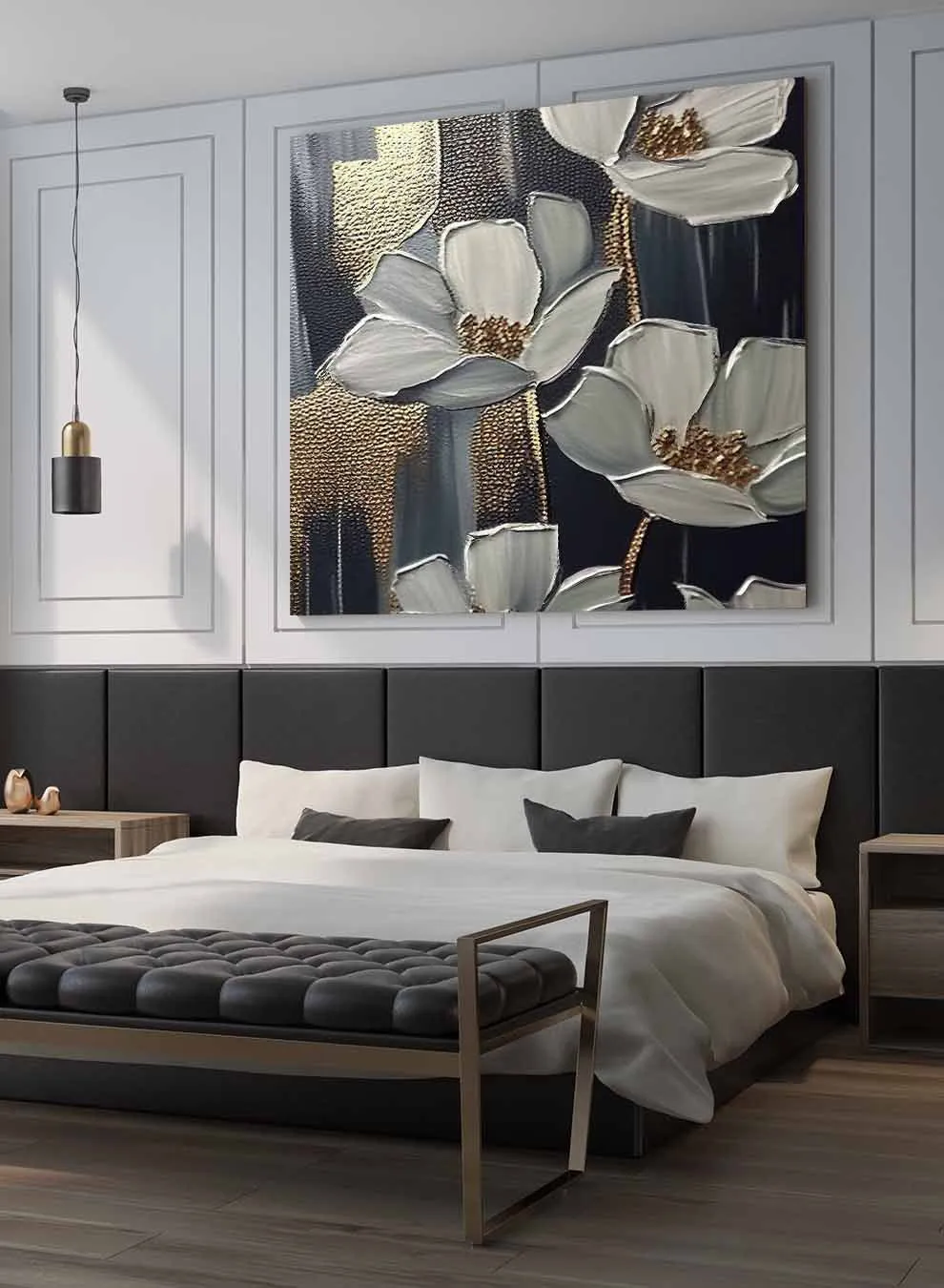 Square Canvas Wall Art Stretched Over Wooden Frame with Gold Floating Frame and Luxury Flowers Art Painting