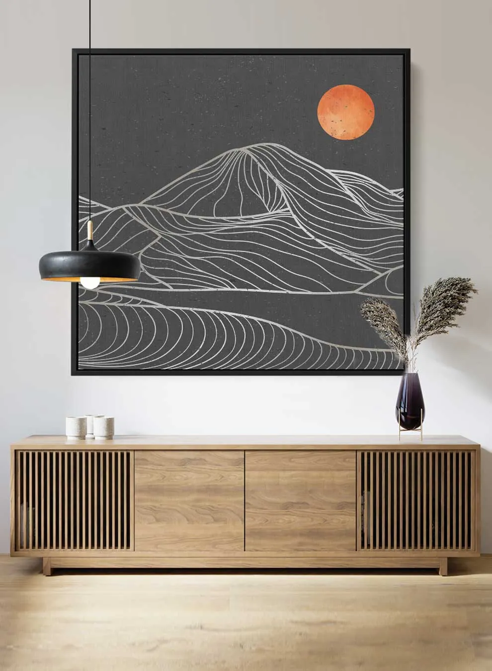 Square Canvas Wall Art Stretched Over Wooden Frame with Gold Floating Frame and Moon On Mountains Painting