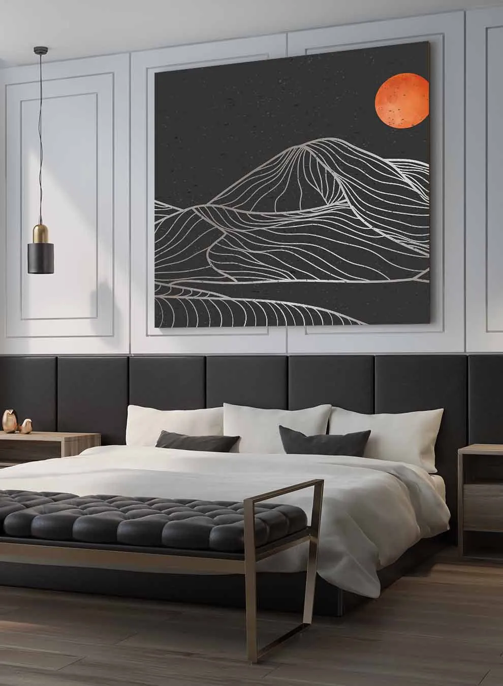 Square Canvas Wall Art Stretched Over Wooden Frame with Gold Floating Frame and Moon On Mountains Painting