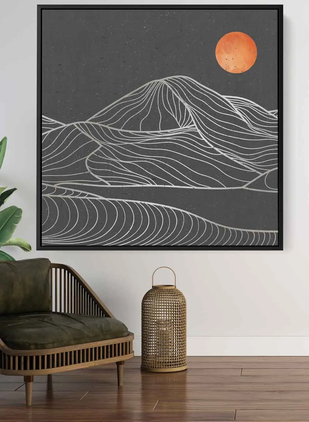 Square Canvas Wall Art Stretched Over Wooden Frame with Gold Floating Frame and Moon On Mountains Painting