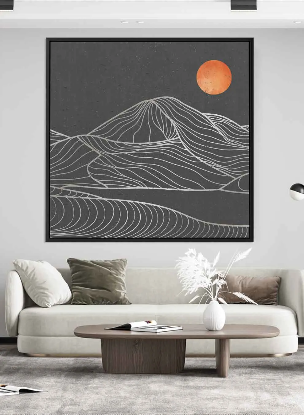 Square Canvas Wall Art Stretched Over Wooden Frame with Gold Floating Frame and Moon On Mountains Painting