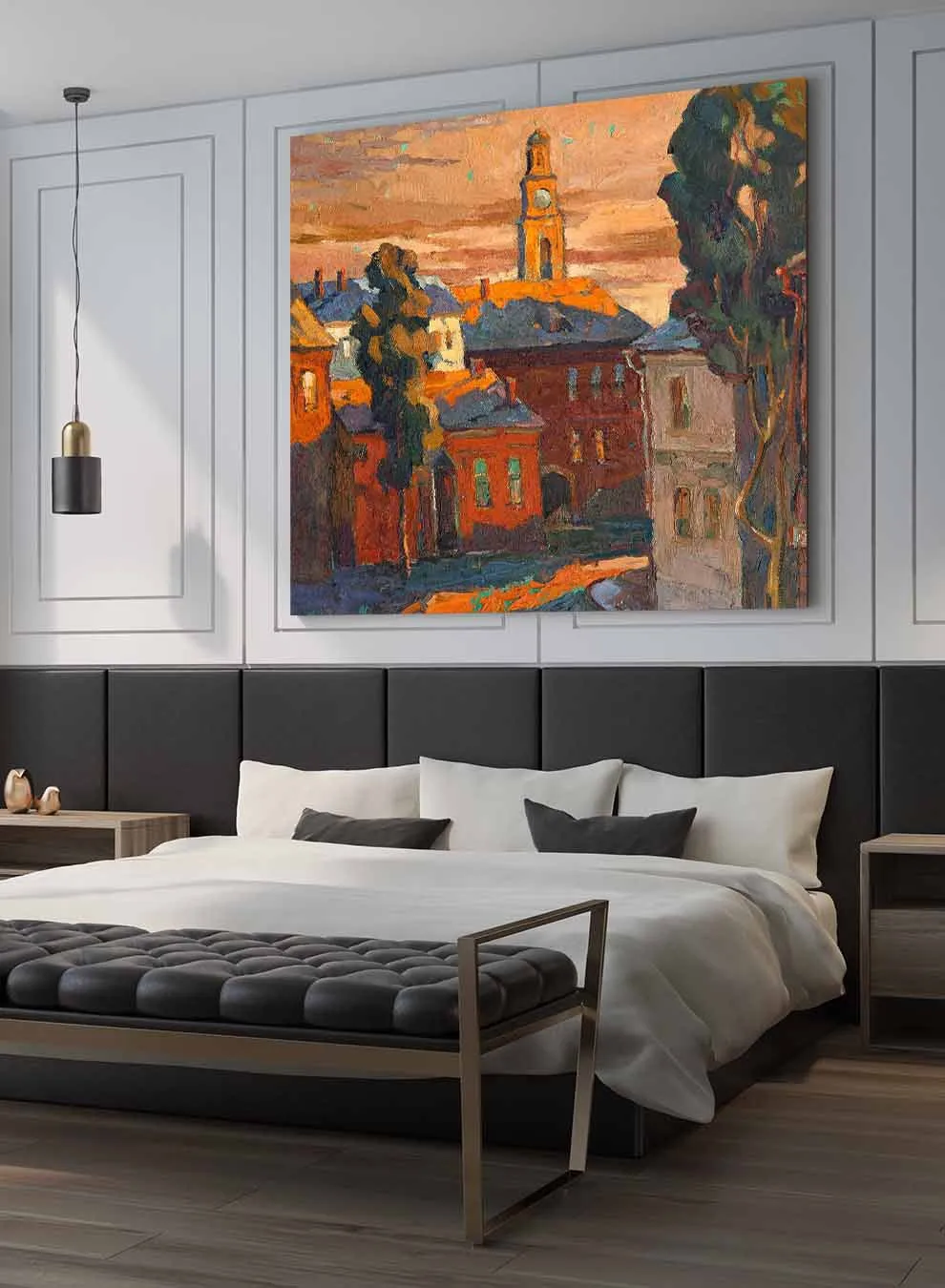 Square Canvas Wall Art Stretched Over Wooden Frame with Gold Floating Frame and Mountains Landscape Painting