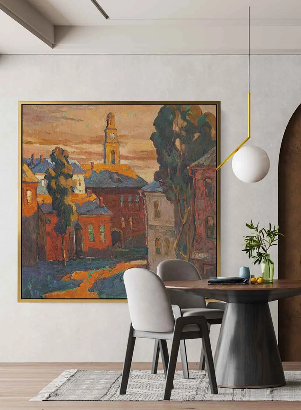 Square Canvas Wall Art Stretched Over Wooden Frame with Gold Floating Frame and Mountains Landscape Painting