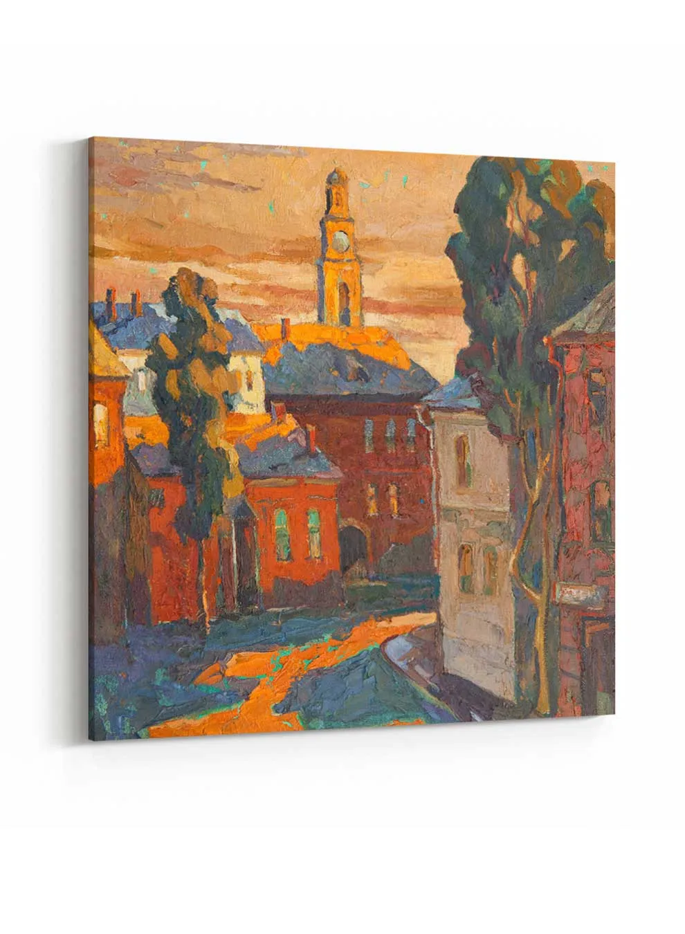 Square Canvas Wall Art Stretched Over Wooden Frame with Gold Floating Frame and Mountains Landscape Painting