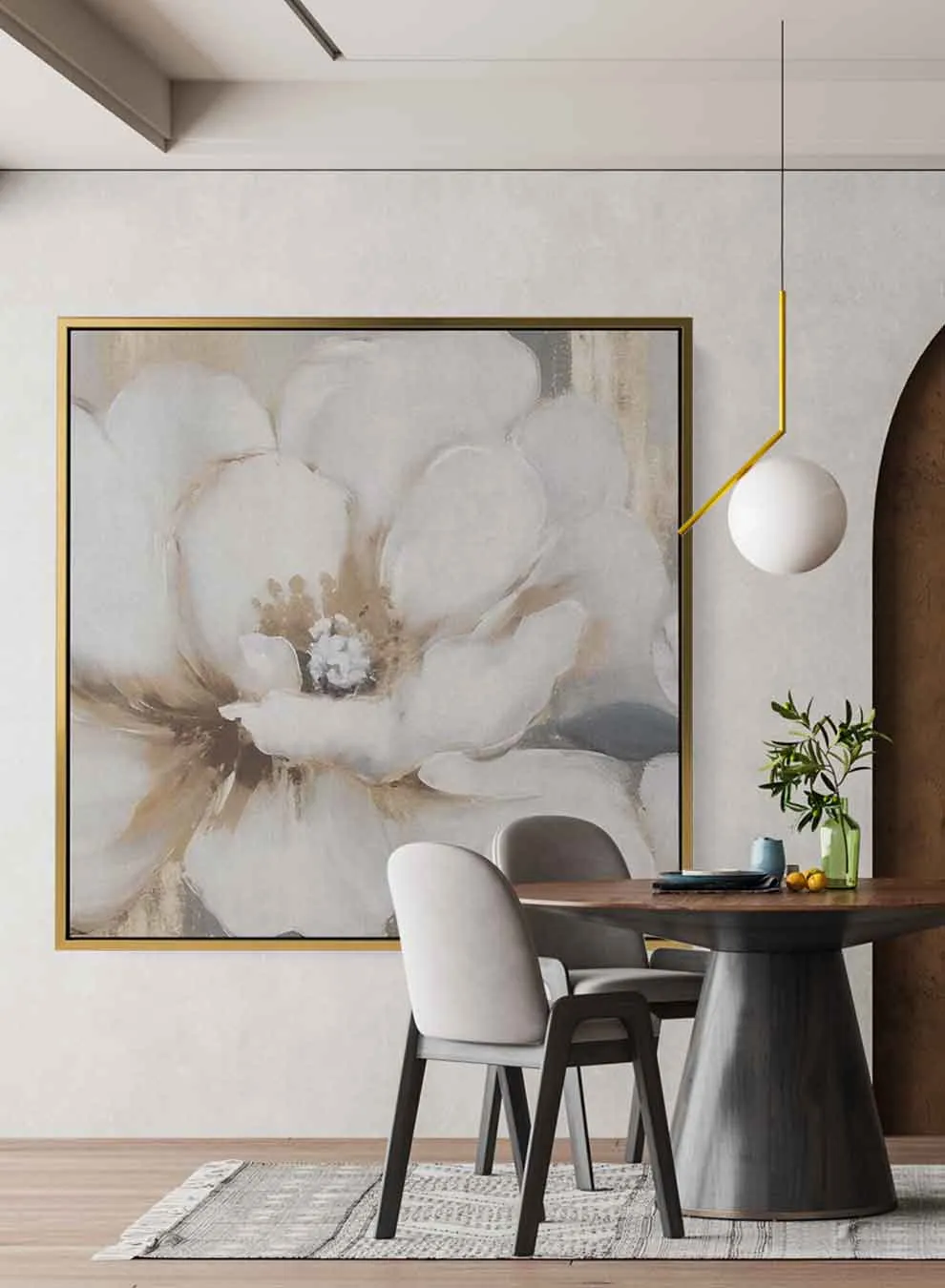 Square Canvas Wall Art Stretched Over Wooden Frame with Gold Floating Frame and Sun rays Abstract Painting