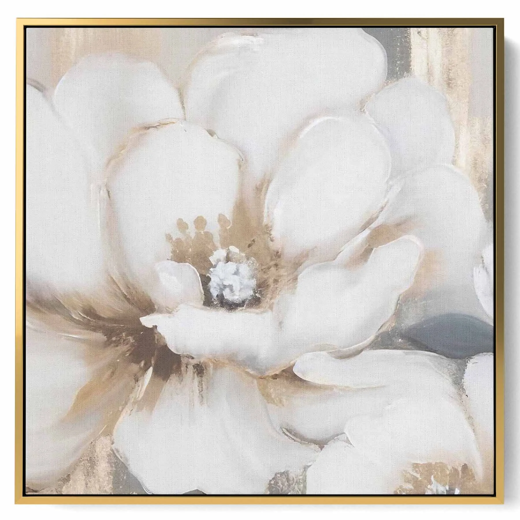 Square Canvas Wall Art Stretched Over Wooden Frame with Gold Floating Frame and Sun rays Abstract Painting