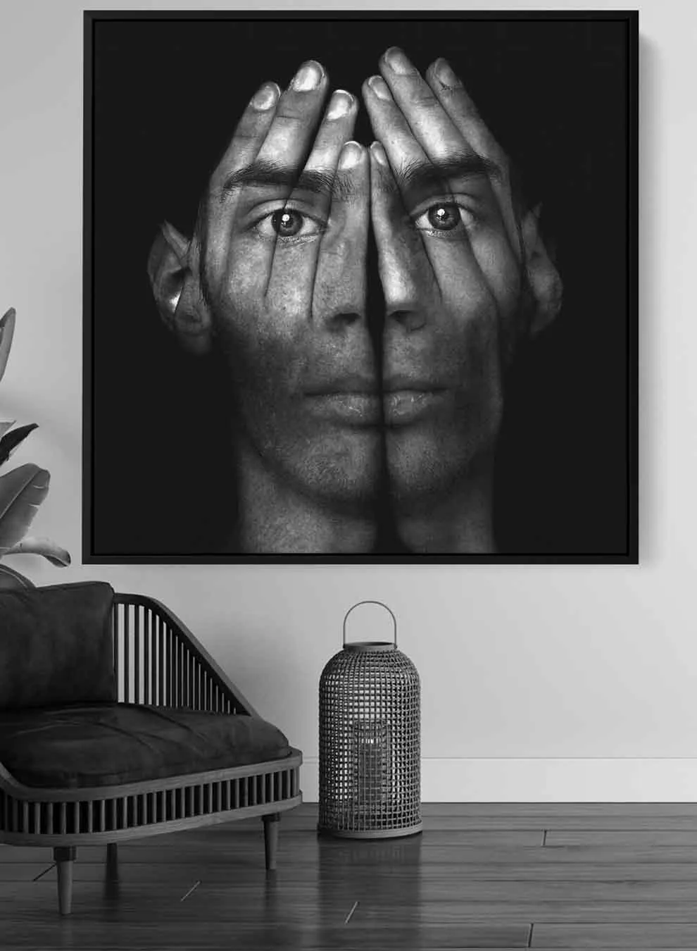 Square Canvas Wall Art Stretched Over Wooden Frame with Gold Floating Frame and The Girl On The Other Side Painting