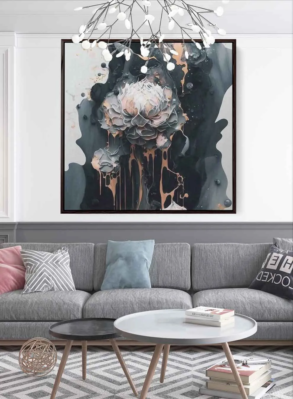 Square Canvas Wall Art Stretched Over Wooden Frame with Gold Floating Frame and The Waves Of The Sea Painting