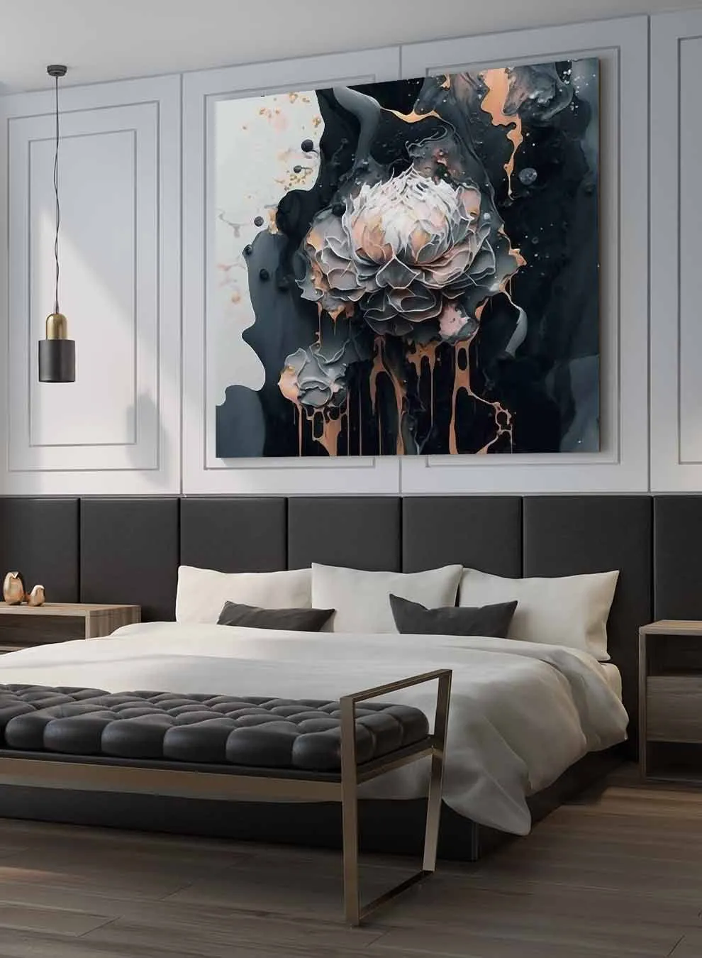 Square Canvas Wall Art Stretched Over Wooden Frame with Gold Floating Frame and The Waves Of The Sea Painting