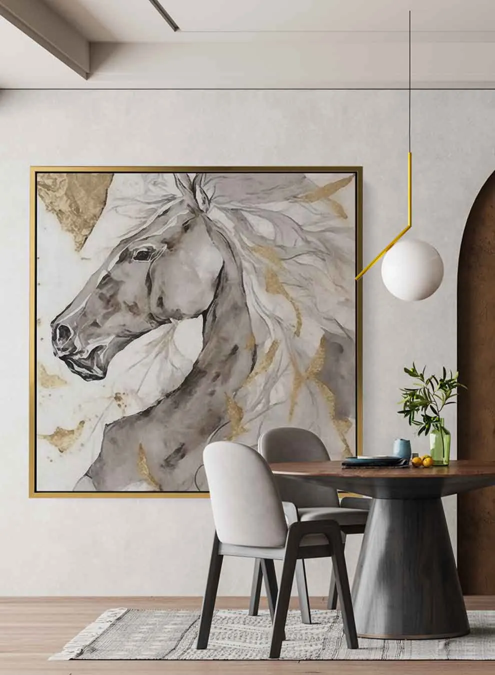 Square Canvas Wall Art Stretched Over Wooden Frame with Gold Floating Frame and Wild Horse Oil Painting