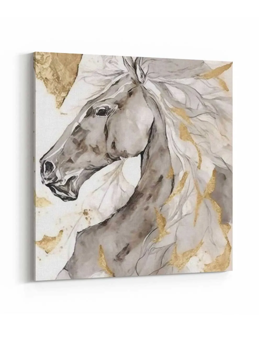 Square Canvas Wall Art Stretched Over Wooden Frame with Gold Floating Frame and Wild Horse Oil Painting