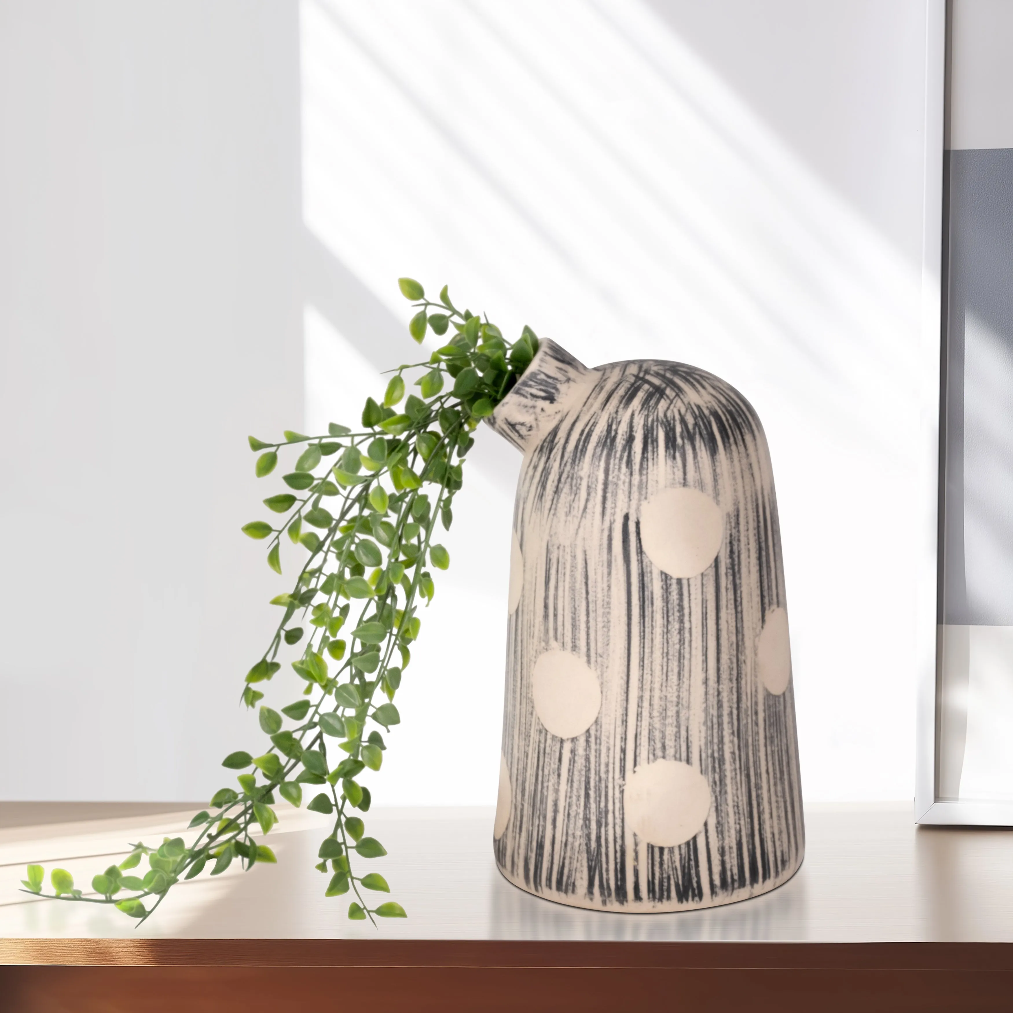 STONEWARE, 11" STRIPED POLKA DOT VASE, BLUE/IVORY