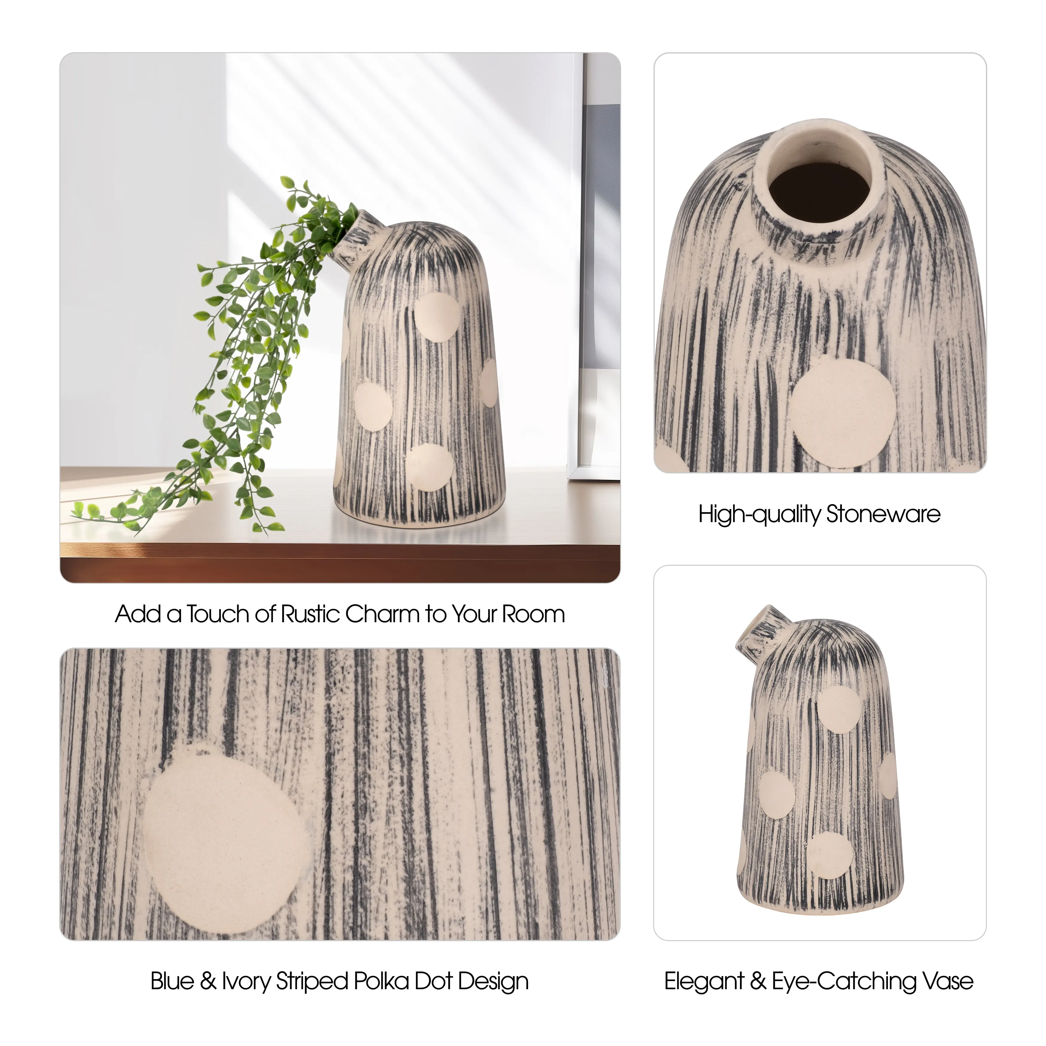STONEWARE, 11" STRIPED POLKA DOT VASE, BLUE/IVORY