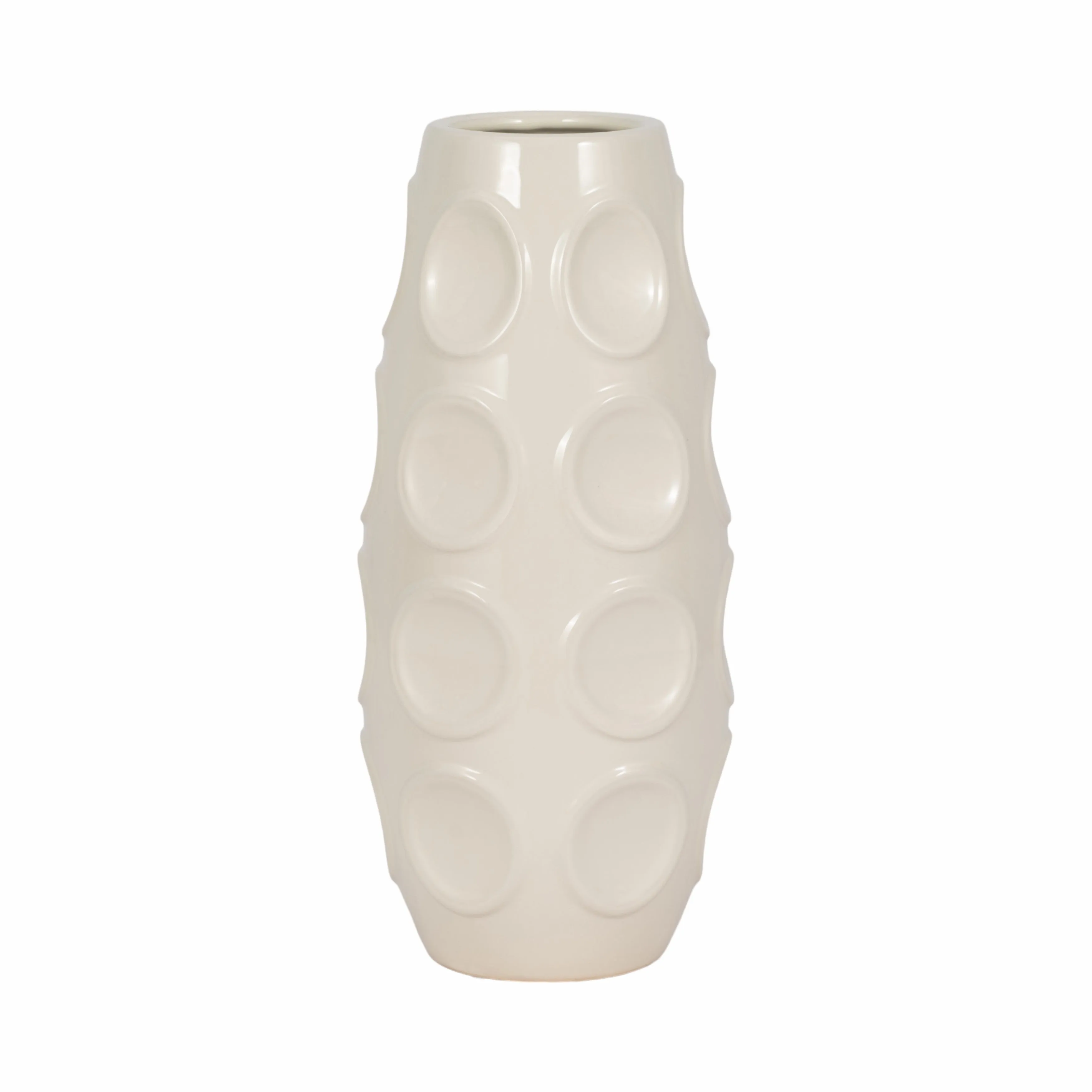 STONEWARE, 13" CIRCLE EMBOSSED VASE, COTTON