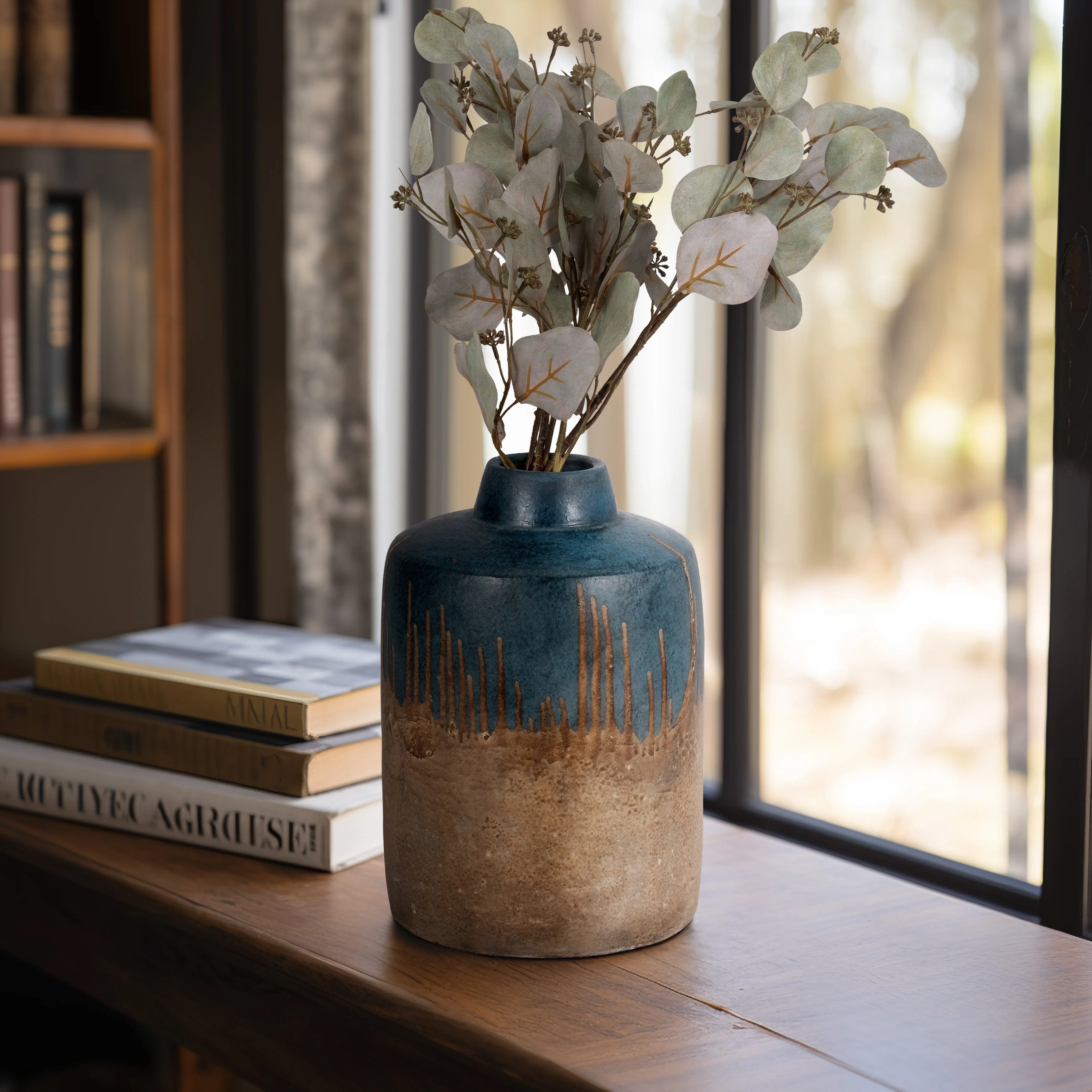TERRACOTTA, 12"H 2-TONE VASE, BLUE/IVORY