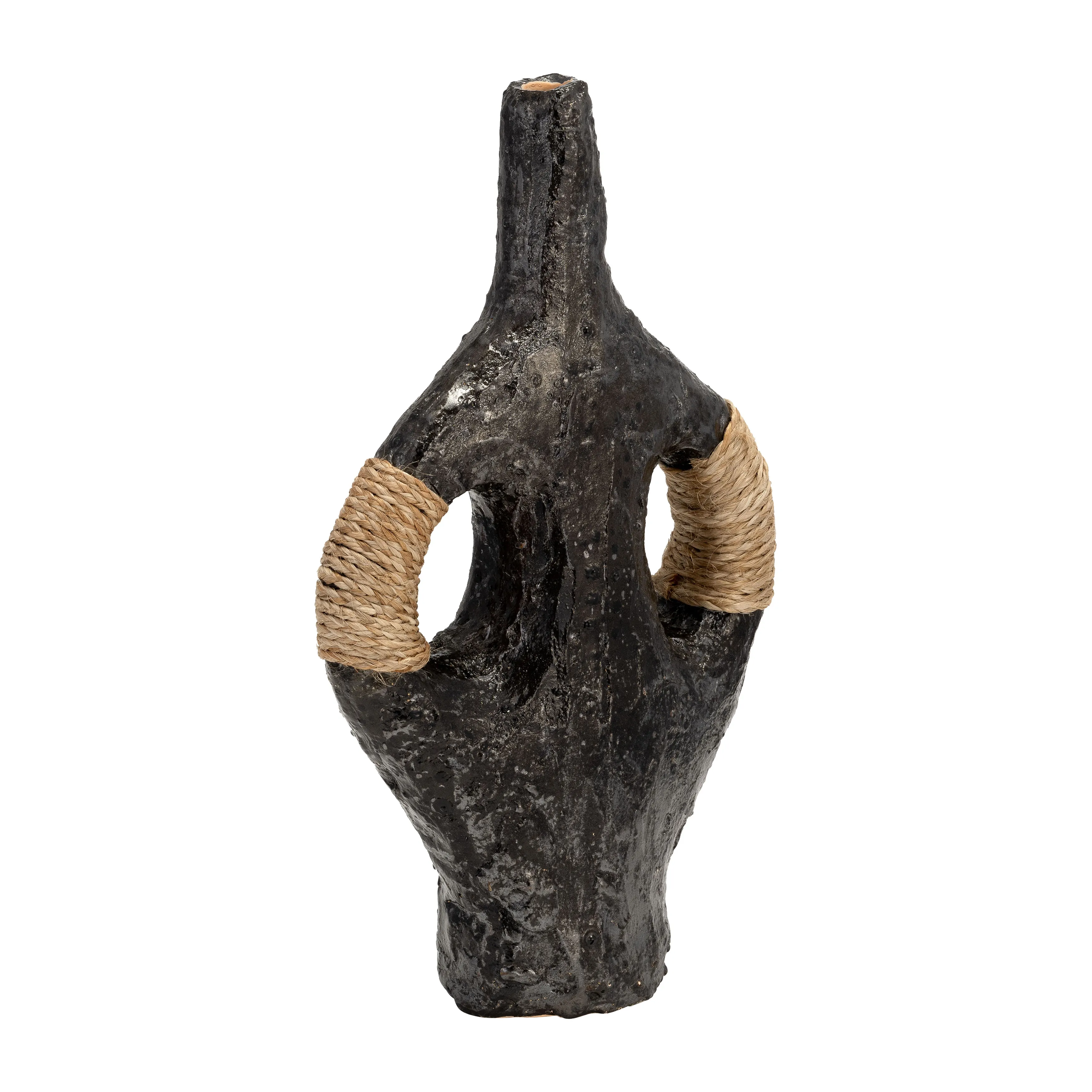 TERRACOTTA 14"H, DOUBLE HANDLE W/TWINE VASE, BLK