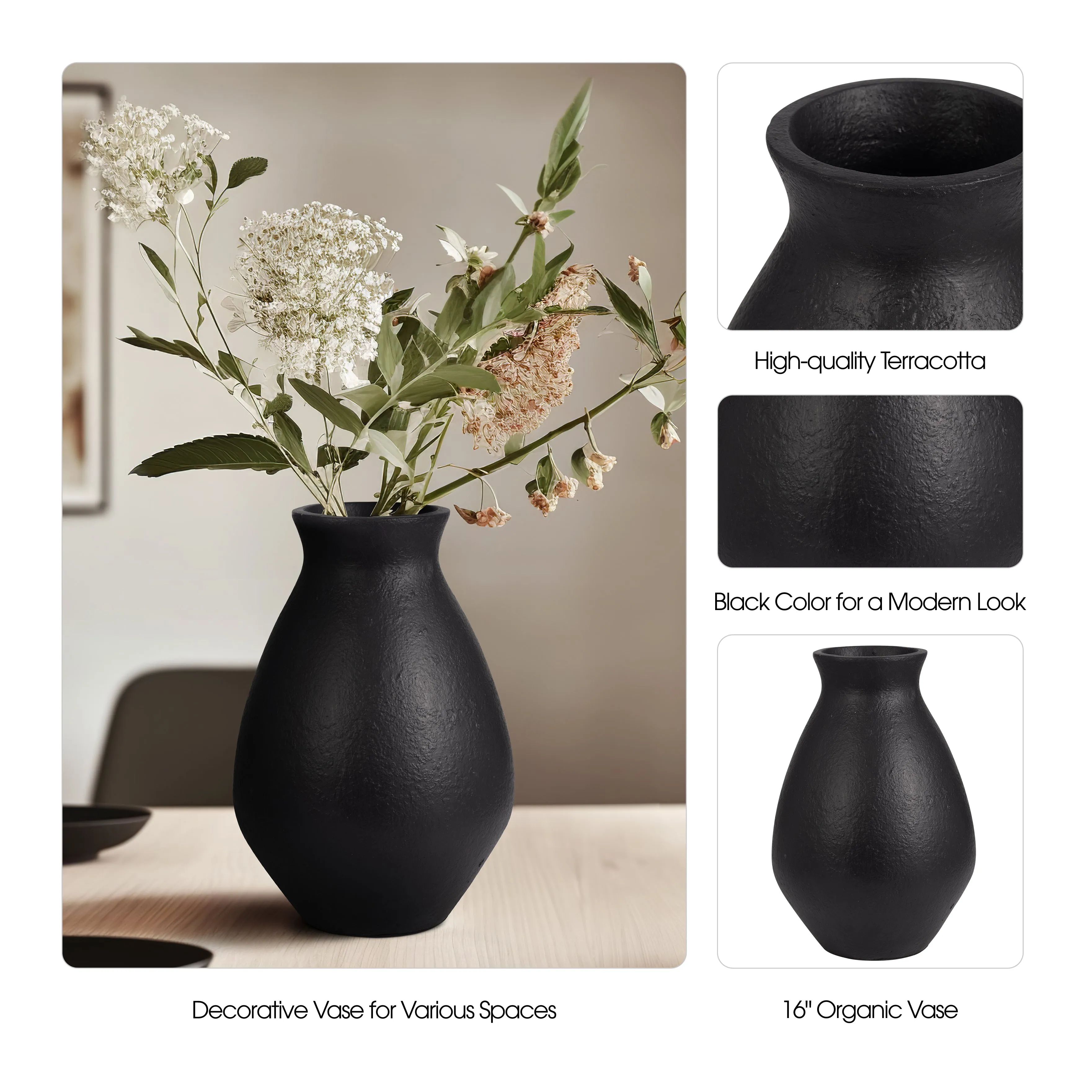 TERRACOTTA, 16" ORGANIC VASE, BLACK