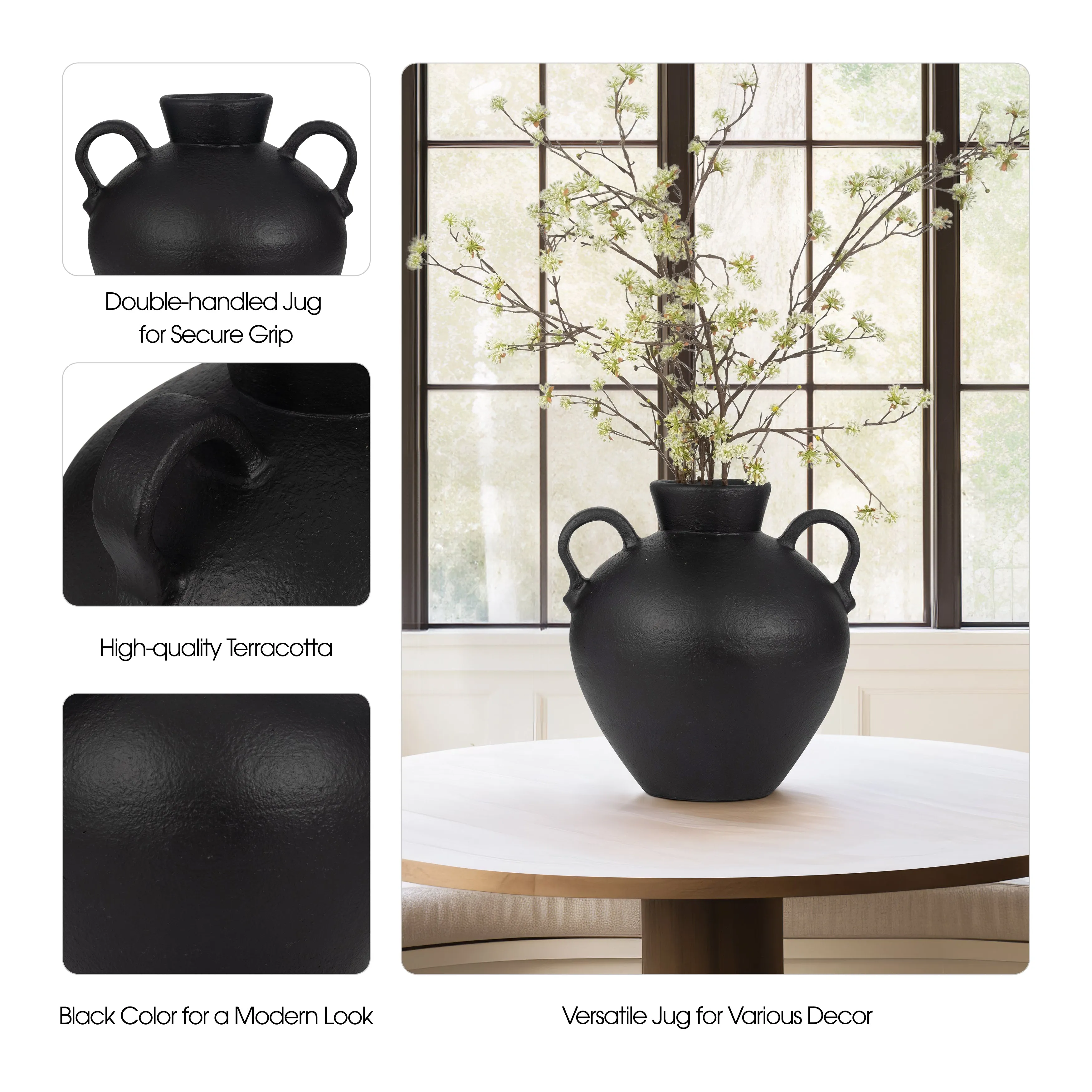 TERRACOTTA, 17" ORGANIC JUG WITH 2 HANDLES, BLACK